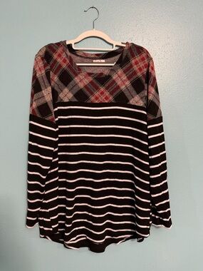 Black & White Striped Long Sleeve Top with Red Plaid Yoke